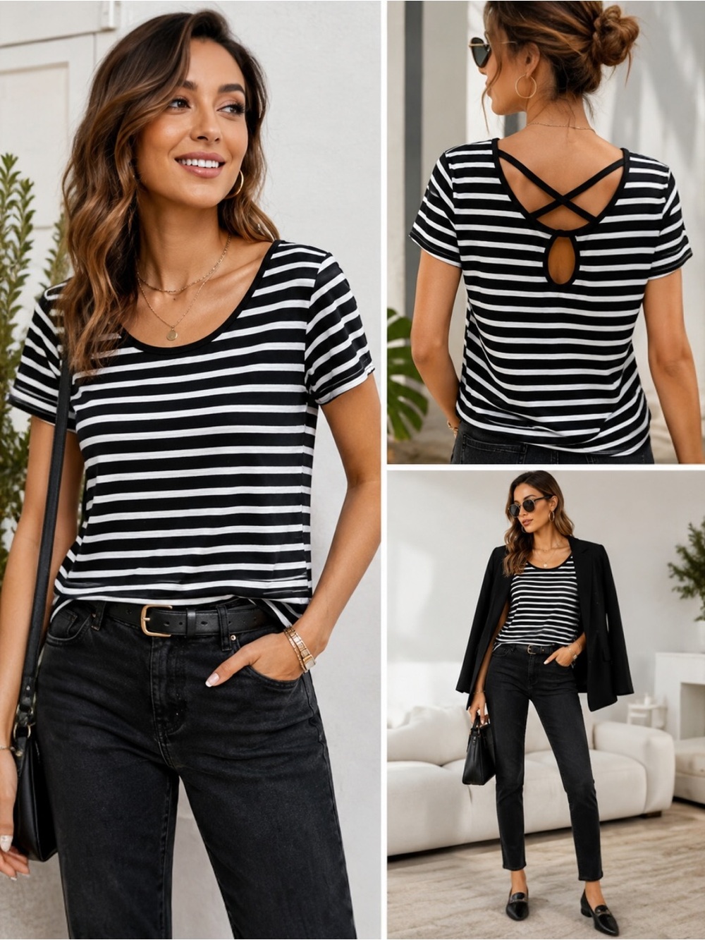 WHBM White House Black Market XL Black White Stripe Top Crisscross Back Keyhole